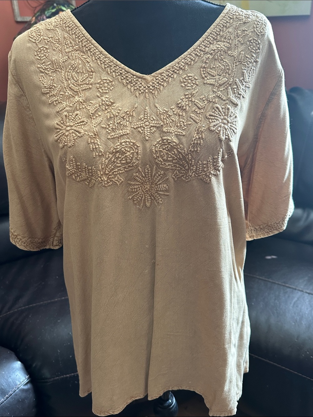 Solitaire Tan Embroidered V-Neck Tunic
